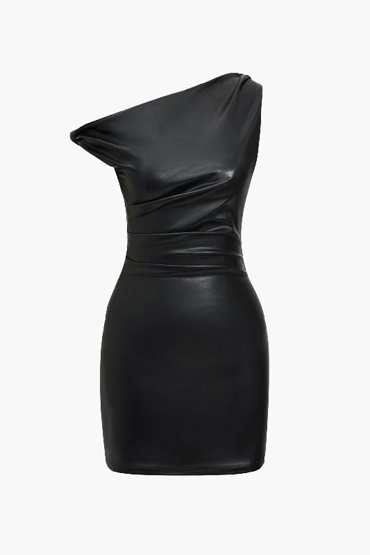 Mini dresses with ruched bodices for a feminine touch Faux Leather Asymmetrical Twist Knot Zipper Mini Dress Mini dresses with ruched bodices for a feminine touch Faux Leather Asymmetrical Twist Knot Zipper Mini Dress