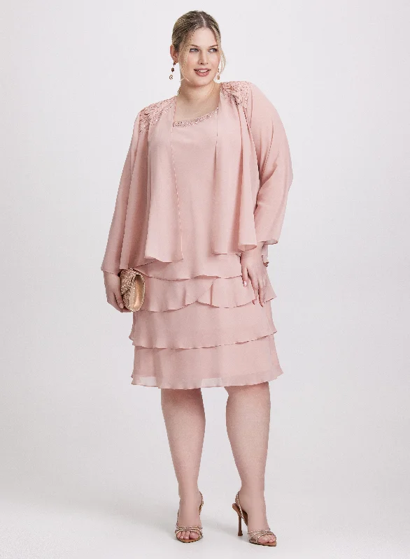 Midi dresses with polka dot prints for a playful summer outfit Chiffon Tiered Dress & Jacket Set Midi dresses with polka dot prints for a playful summer outfit Chiffon Tiered Dress & Jacket Set