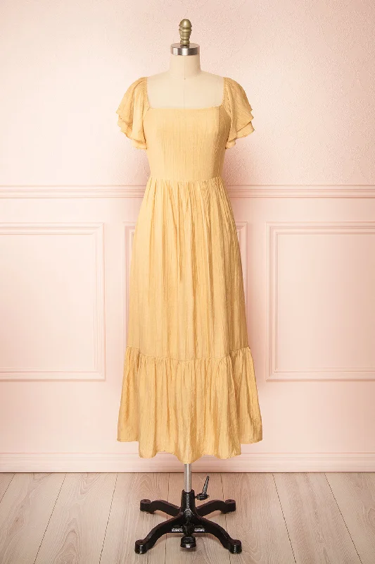 Midi dresses with one - shoulder designs for a modern and asymmetric style Myrtille Beige | Midi Dress w/ Ruffled Sleeves Midi dresses with one - shoulder designs for a modern and asymmetric style Myrtille Beige | Midi Dress w/ Ruffled Sleeves