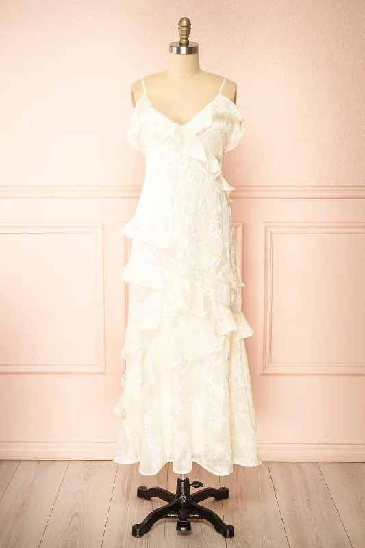 Midi dresses with belted waists to accentuate the figure Ixilda | Long Ivory Floral Dress w/ Ruffles Midi dresses with belted waists to accentuate the figure Ixilda | Long Ivory Floral Dress w/ Ruffles