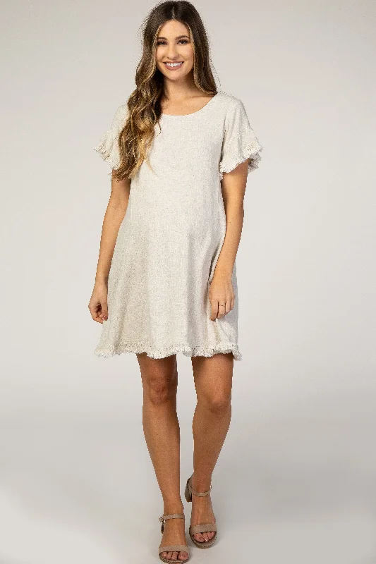 Bohemian style maternity dress for beach weddings Beige Fringe Linen Maternity Dress Bohemian style maternity dress for beach weddings Beige Fringe Linen Maternity Dress
