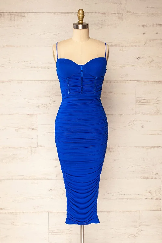 Midi dresses with ruched sleeves for a more fitted and stylish arm look Venise Blue | Fitted Ruched Midi Dress w/ Bustier Bodice Midi dresses with ruched sleeves for a more fitted and stylish arm look Venise Blue | Fitted Ruched Midi Dress w/ Bustier Bodice