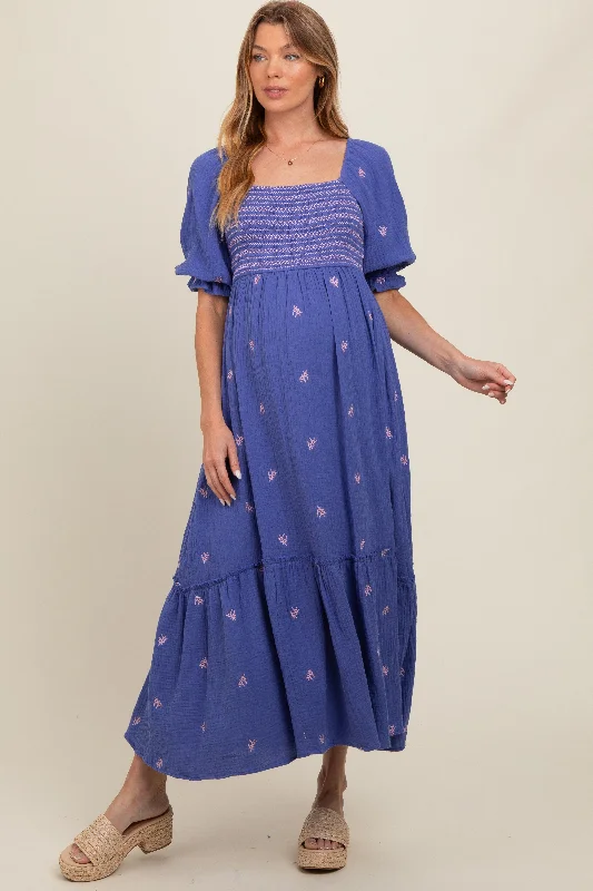Maternity dress for a baby's first visit to the planetarium Royal Blue Gauze Smocked Embroidered Square Neck Maternity Midi Dress Maternity dress for a baby's first visit to the planetarium Royal Blue Gauze Smocked Embroidered Square Neck Maternity Midi Dress