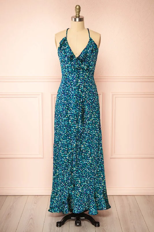 Midi dresses with V - necklines for a flattering and elongating effect Odile | Maxi Blue Pattern Dress w/ Laced Back Midi dresses with V - necklines for a flattering and elongating effect Odile | Maxi Blue Pattern Dress w/ Laced Back