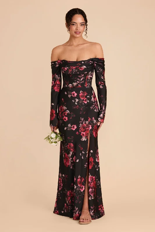 Maternity dress for a baby's first visit to the vegetable garden Maya Matte Satin Dress - Black Fleurs D'Amour Maternity dress for a baby's first visit to the vegetable garden Maya Matte Satin Dress - Black Fleurs D'Amour
