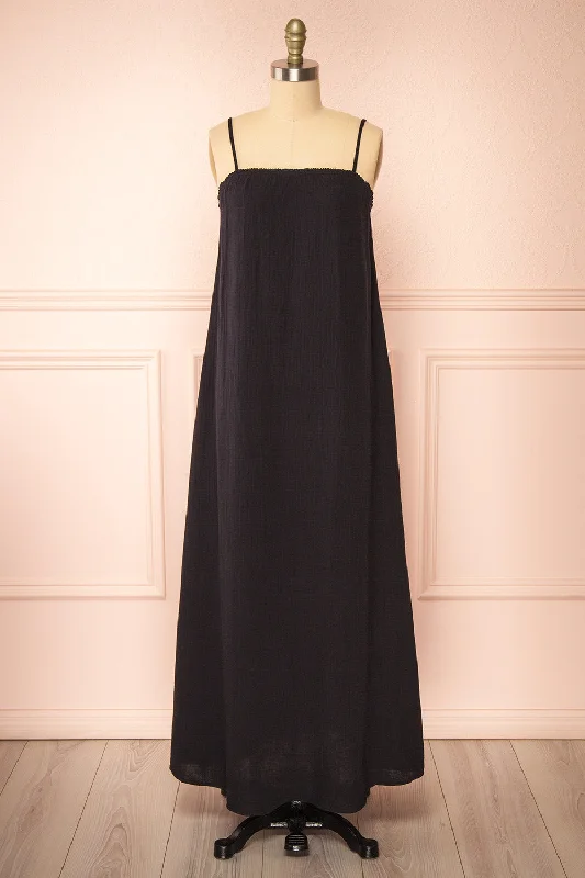 Midi dresses with button - front designs for a classic touch Marinet Black | Long Loose-Fitted Dress Midi dresses with button - front designs for a classic touch Marinet Black | Long Loose-Fitted Dress