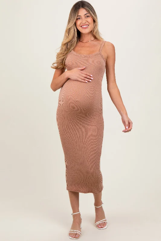 Maternity dress for home - based moms Taupe Ribbed Cami Maternity Midi Dress