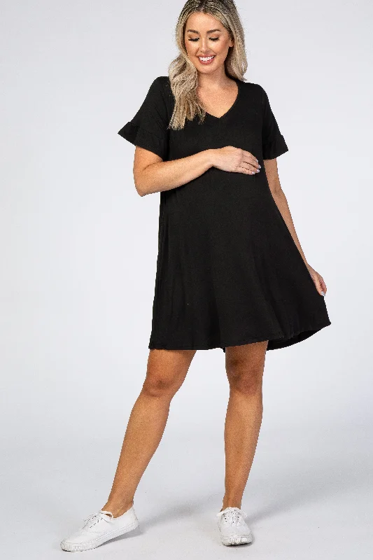 Maternity dress for a baby's first visit to the amusement park Black Ruffle Sleeve Swing Maternity Dress Maternity dress for a baby's first visit to the amusement park Black Ruffle Sleeve Swing Maternity Dress