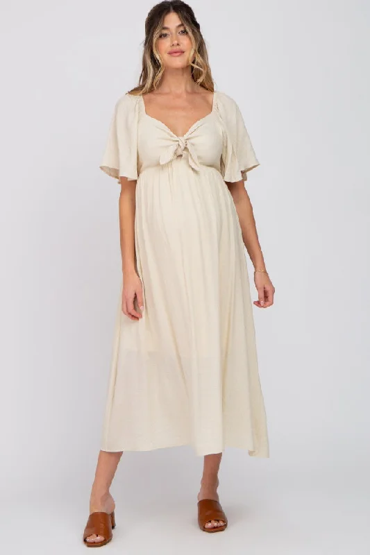 Maternity dress for a friend's wedding as a guest Beige Front Tie Ruffle Sleeve Maternity Midi Dress Maternity dress for a friend's wedding as a guest Beige Front Tie Ruffle Sleeve Maternity Midi Dress