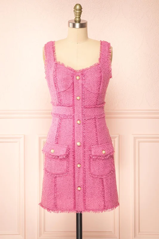 Midi dresses with abstract art prints for an artistic statement Ismay | Pink Tweed Fitted Dress w/ Pearl Buttons Midi dresses with abstract art prints for an artistic statement Ismay | Pink Tweed Fitted Dress w/ Pearl Buttons
