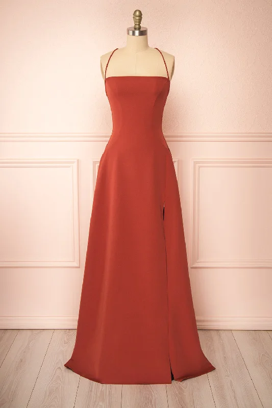 High - low midi dresses with geometric patterns for a modern party Izabella Rust | A-line Maxi Dress w/ Open Back High - low midi dresses with geometric patterns for a modern party Izabella Rust | A-line Maxi Dress w/ Open Back