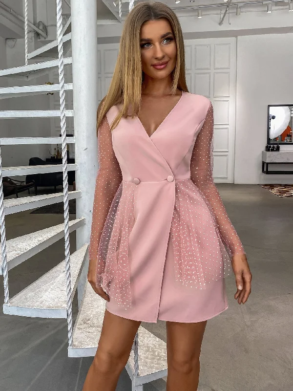Mini dresses with pocket details for added functionality KittenAlarm - Mesh Sleeve Double Button Wrap Dress