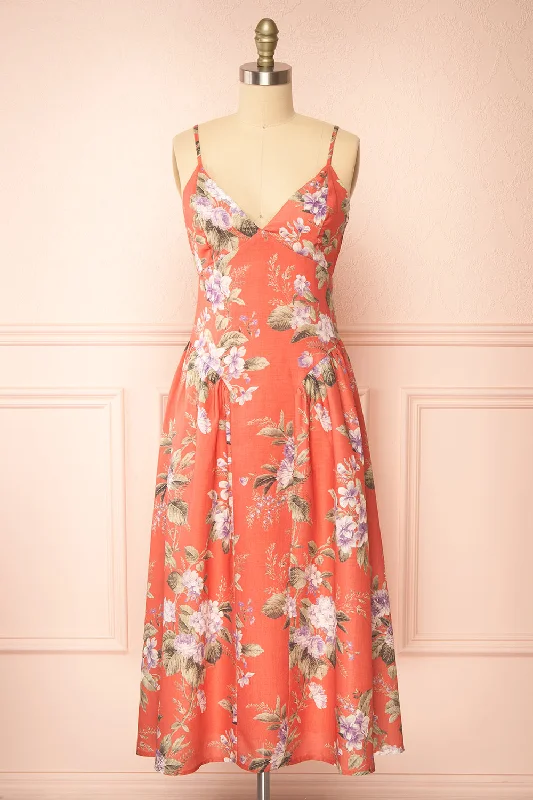 Midi dresses with belted waists to accentuate the figure Lorelai | Long Orange Floral Dress Midi dresses with belted waists to accentuate the figure Lorelai | Long Orange Floral Dress