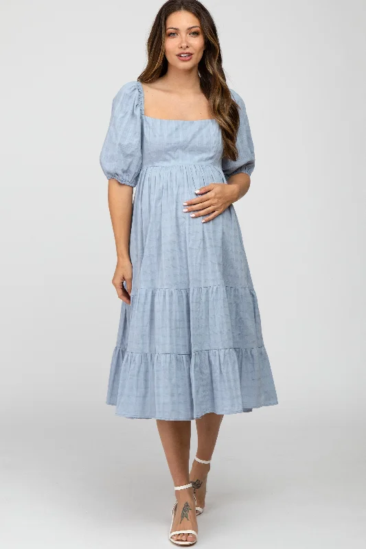 Maternity dress for a baby's first visit to the concert Blue Plaid Square Neck Maternity Midi Dress Maternity dress for a baby's first visit to the concert Blue Plaid Square Neck Maternity Midi Dress
