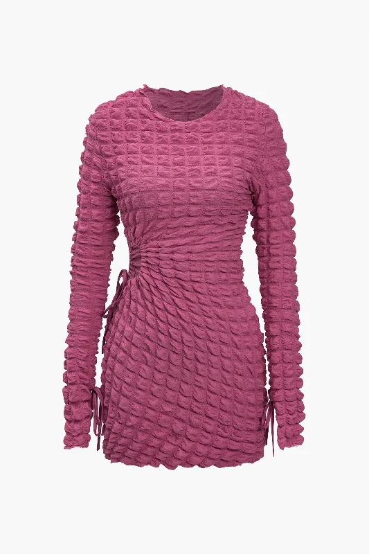Mini dresses with one - shoulder designs Puff Texture Long Sleeve Mini Dress