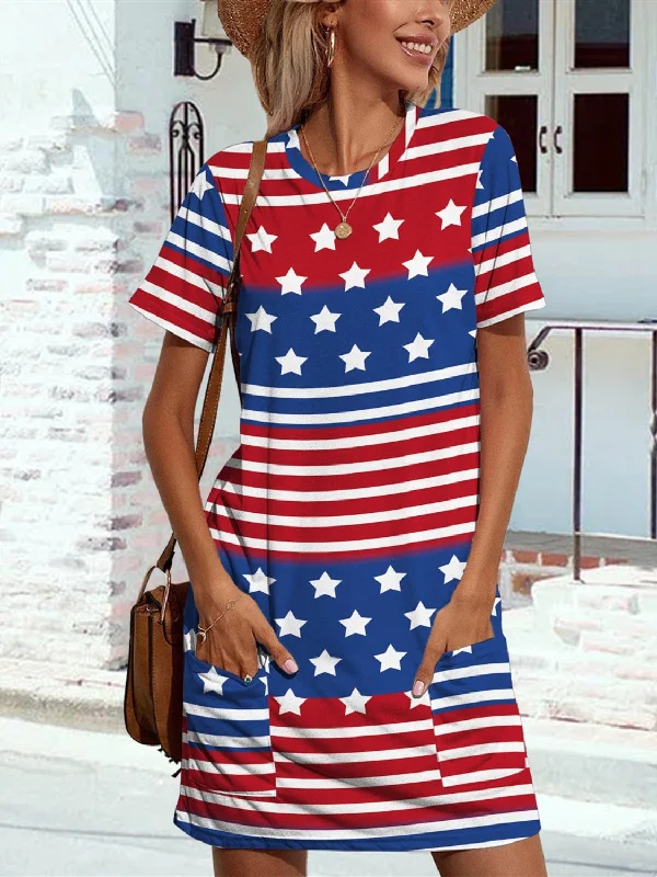 Everyday Dress with Anti - allergenic Material for Sensitive Skin FAM-FAM Pocketd US Flag Printed Short Sleeve Dress Everyday Dress with Anti - allergenic Material for Sensitive Skin FAM-FAM Pocketd US Flag Printed Short Sleeve Dress