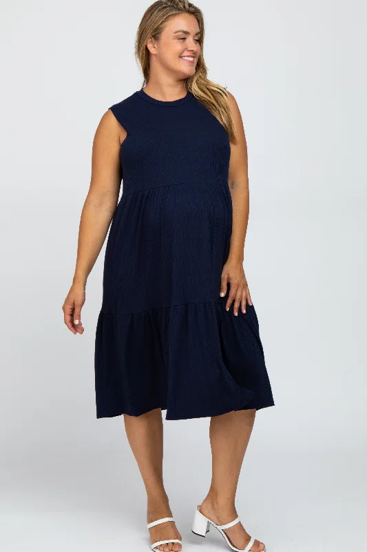 Maternity dress for baby shower with floral pattern Navy Ribbed Sleeveless Plus Maternity Midi Dress Maternity dress for baby shower with floral pattern Navy Ribbed Sleeveless Plus Maternity Midi Dress