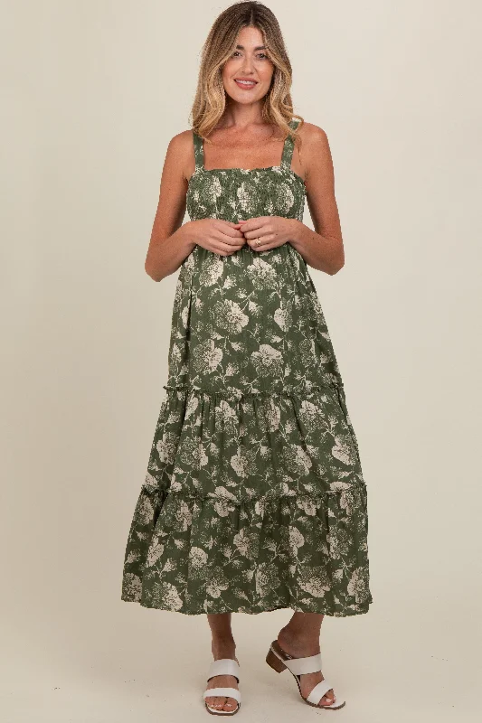 Maternity dress for a baby's first visit to the pool Olive Floral Square Neck Smocked Maternity Midi Dress Maternity dress for a baby's first visit to the pool Olive Floral Square Neck Smocked Maternity Midi Dress