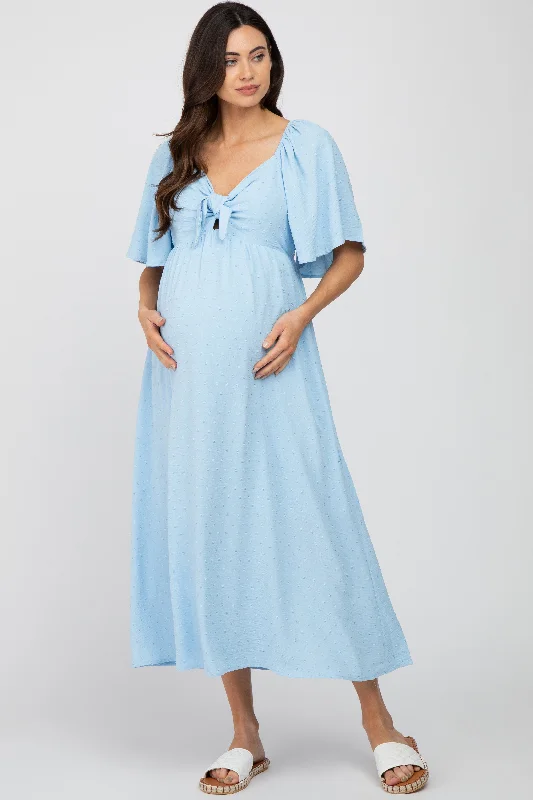 Maternity dress for work in a professional style Light Blue Textured Dot Front Tie Ruffle Sleeve Maternity Midi Dress Maternity dress for work in a professional style Light Blue Textured Dot Front Tie Ruffle Sleeve Maternity Midi Dress