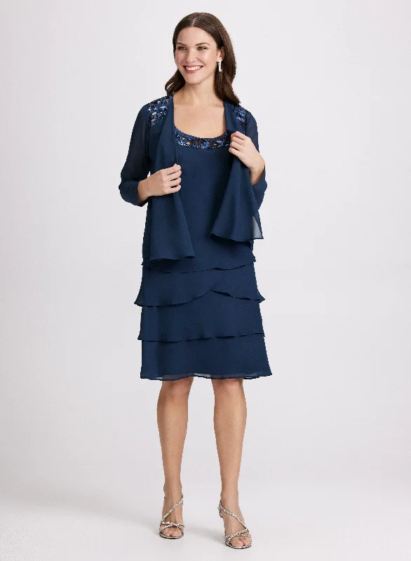 Midi dresses with ruffled bodices for a more pronounced feminine look Chiffon Jacket & Dress Set Midi dresses with ruffled bodices for a more pronounced feminine look Chiffon Jacket & Dress Set