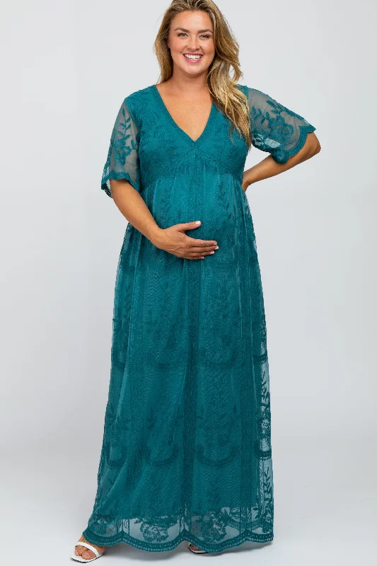 Maternity dress for a bridal shower as a hostess Teal Lace Mesh Overlay Maternity Plus Maxi Dress Maternity dress for a bridal shower as a hostess Teal Lace Mesh Overlay Maternity Plus Maxi Dress