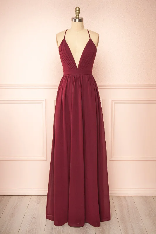 Midi dresses with mesh inserts for a trendy and breathable option Haley Burgundy | Deep V-Neck Chiffon Maxi Dress Midi dresses with mesh inserts for a trendy and breathable option Haley Burgundy | Deep V-Neck Chiffon Maxi Dress