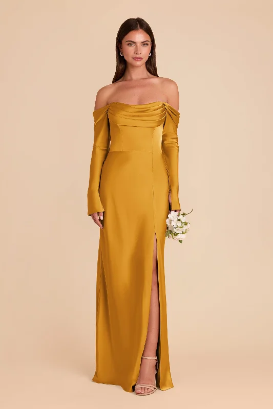 Maternity dress for a baby's first visit to the park playground Maya Matte Satin Dress - Butterscotch Maternity dress for a baby's first visit to the park playground Maya Matte Satin Dress - Butterscotch