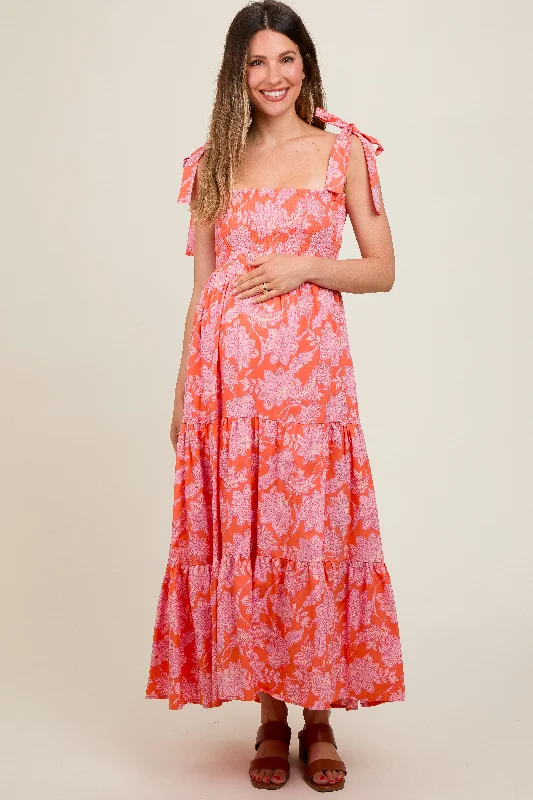 Maternity dress for a shopping spree Orange Floral Tiered Shoulder Tie Maternity Dress Maternity dress for a shopping spree Orange Floral Tiered Shoulder Tie Maternity Dress