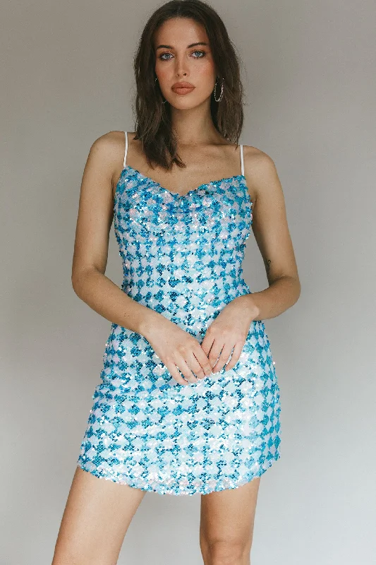 Mini dresses with one - shoulder designs Show Me Love Cowl Neck Mini Dress Sequin Check Blue Mini dresses with one - shoulder designs Show Me Love Cowl Neck Mini Dress Sequin Check Blue