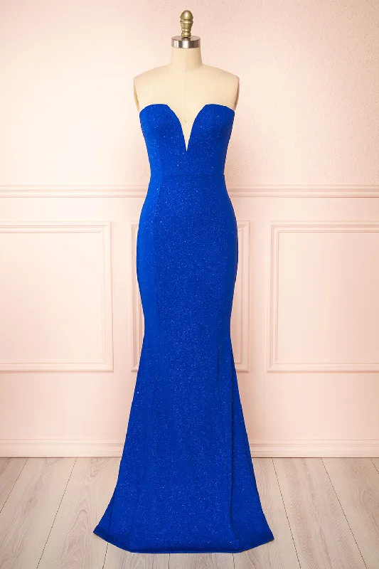 Midi dresses with ruched sleeves for a more fitted and stylish arm look Norcia Blue | Shimmery Bustier Mermaid Maxi Dress Midi dresses with ruched sleeves for a more fitted and stylish arm look Norcia Blue | Shimmery Bustier Mermaid Maxi Dress
