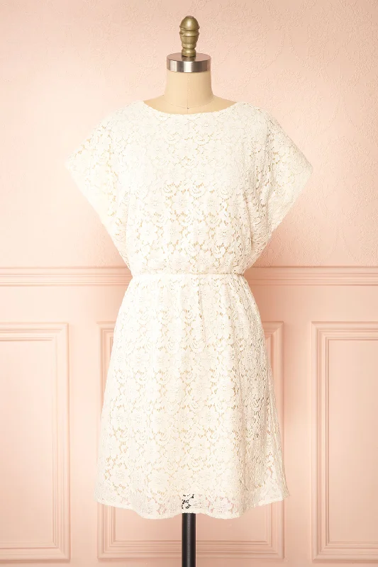 Midi dresses with pom - pom trims for a playful and festive look Skileta | Lace Short Ivory Dress w/ Batwing Sleeve Midi dresses with pom - pom trims for a playful and festive look Skileta | Lace Short Ivory Dress w/ Batwing Sleeve
