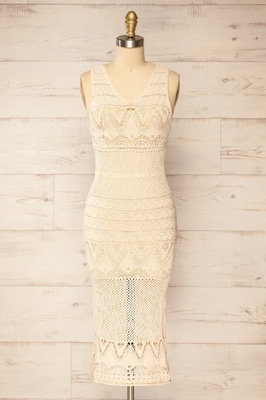 Midi dresses with ruffled hems for a romantic date night Ozma Beige | Crochet Midi Dress Midi dresses with ruffled hems for a romantic date night Ozma Beige | Crochet Midi Dress