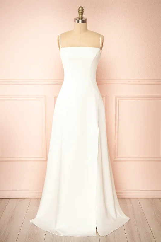 Midi dresses with ruffled bodices for a more pronounced feminine look Izabella Ivory | A-line Maxi Dress w/ Open Back Midi dresses with ruffled bodices for a more pronounced feminine look Izabella Ivory | A-line Maxi Dress w/ Open Back