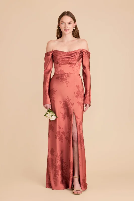 Off shoulder maternity evening dress for parties Maya Matte Satin Dress - Wild Rose Whimsical Blooms Off shoulder maternity evening dress for parties Maya Matte Satin Dress - Wild Rose Whimsical Blooms