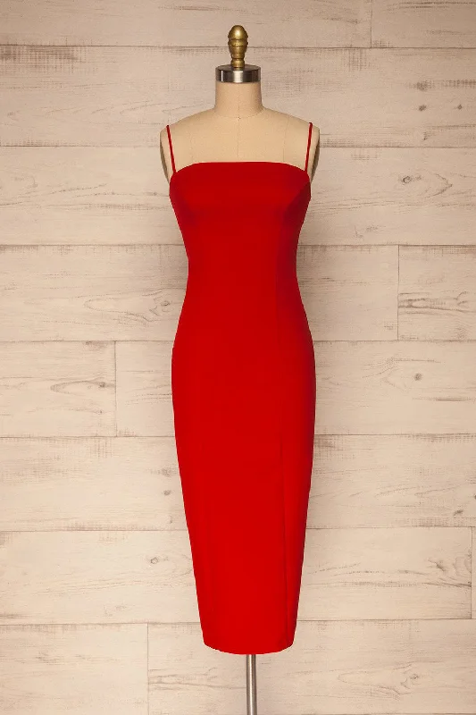 Midi dresses with sheer panels for a touch of allure Kavala Red | Fitted Midi Dress Midi dresses with sheer panels for a touch of allure Kavala Red | Fitted Midi Dress