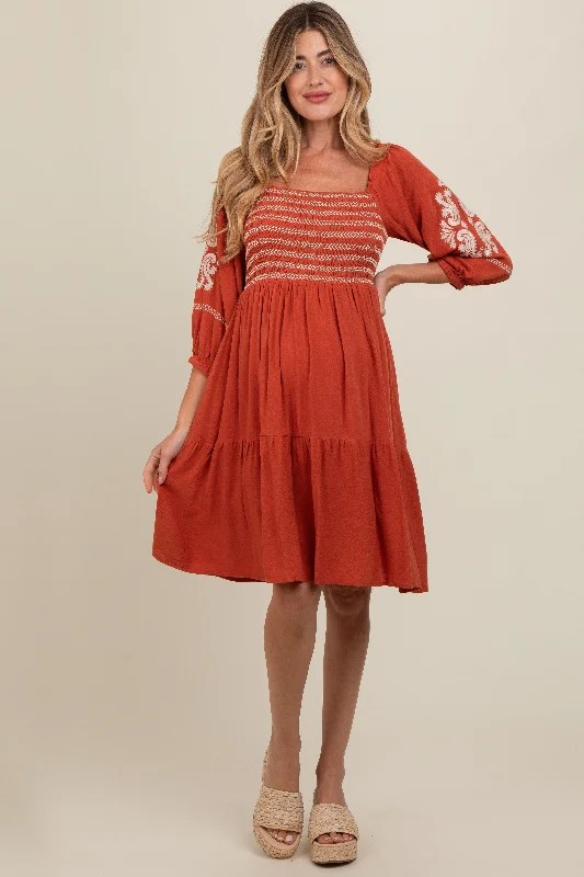 Plus size maternity dress for curvy moms - to - be Rust Smocked Embroidered Damask Maternity Dress