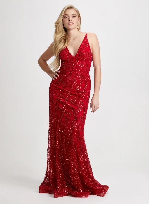 Midi dresses with animal prints for a bold and confident appearance Glitter Mesh V-Neck Gown Midi dresses with animal prints for a bold and confident appearance Glitter Mesh V-Neck Gown