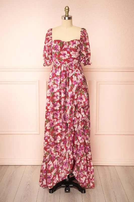 Midi dresses with belted waists to accentuate the figure Nardai | Burgundy Empire Waist Floral Maxi Dress Midi dresses with belted waists to accentuate the figure Nardai | Burgundy Empire Waist Floral Maxi Dress
