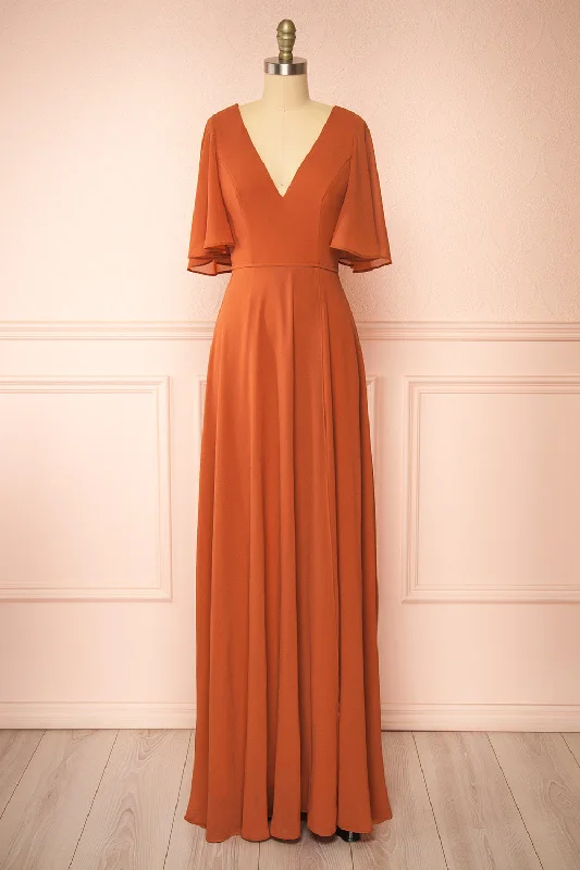 Midi dresses with polka dot prints for a playful summer outfit Adelphia Rust | V-neck Chiffon Maxi Dress Midi dresses with polka dot prints for a playful summer outfit Adelphia Rust | V-neck Chiffon Maxi Dress