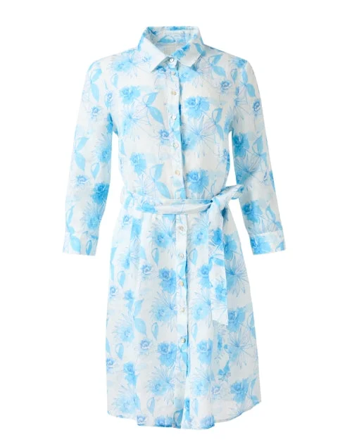 Everyday Dress with Strapless Design for a Glamorous Look Abito White and Blue Print Linen Shirt Dress Everyday Dress with Strapless Design for a Glamorous Look Abito White and Blue Print Linen Shirt Dress