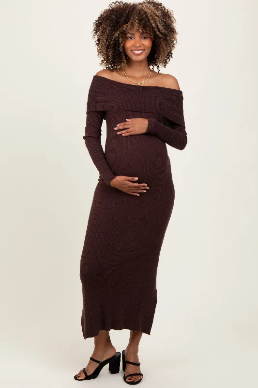 Maternity dress for baby shower with floral pattern Brown Ribbed Knit Off Shoulder Side Slit Maternity Sweater Dress Maternity dress for baby shower with floral pattern Brown Ribbed Knit Off Shoulder Side Slit Maternity Sweater Dress
