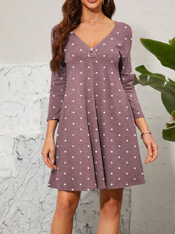 Everyday Dress with Embroidered Flowers for a Dainty Look Mauve Polka Dot Quarter Zip Dress with Long Sleeves Everyday Dress with Embroidered Flowers for a Dainty Look Mauve Polka Dot Quarter Zip Dress with Long Sleeves