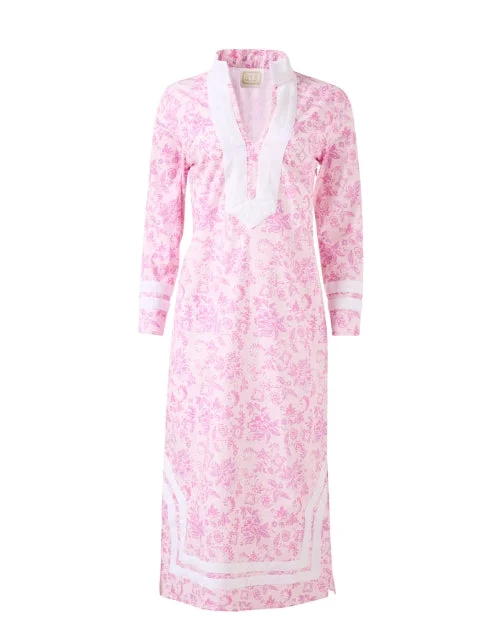 Everyday Dress with Elastic - cuffed Sleeves for a Casual Look Pink Floral Cotton Tunic Dress Everyday Dress with Elastic - cuffed Sleeves for a Casual Look Pink Floral Cotton Tunic Dress
