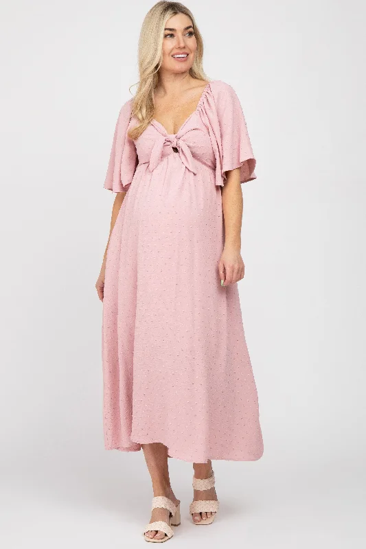 Maternity dress for a baby's first visit to the vertical garden Mauve Textured Dot Front Tie Ruffle Sleeve Maternity Midi Dress Maternity dress for a baby's first visit to the vertical garden Mauve Textured Dot Front Tie Ruffle Sleeve Maternity Midi Dress