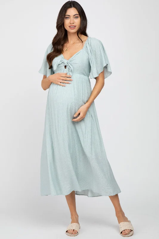 Maternity cocktail dress with sequin embellishments Light Blue Front Tie Ruffle Sleeve Maternity Midi Dress