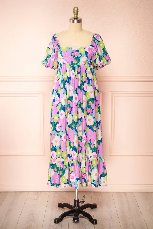 Sleeveless midi dresses with lace details for summer weddings Cornelia | Colourful Floral Midi Babydoll Dress Sleeveless midi dresses with lace details for summer weddings Cornelia | Colourful Floral Midi Babydoll Dress