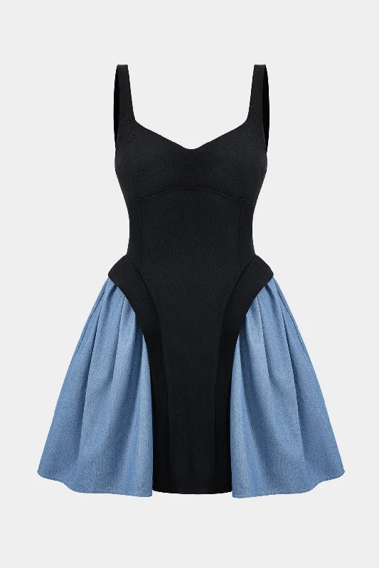 Mini dresses with polka dot patterns Denim Patchwork Ruched Sleeveless Mini Dress