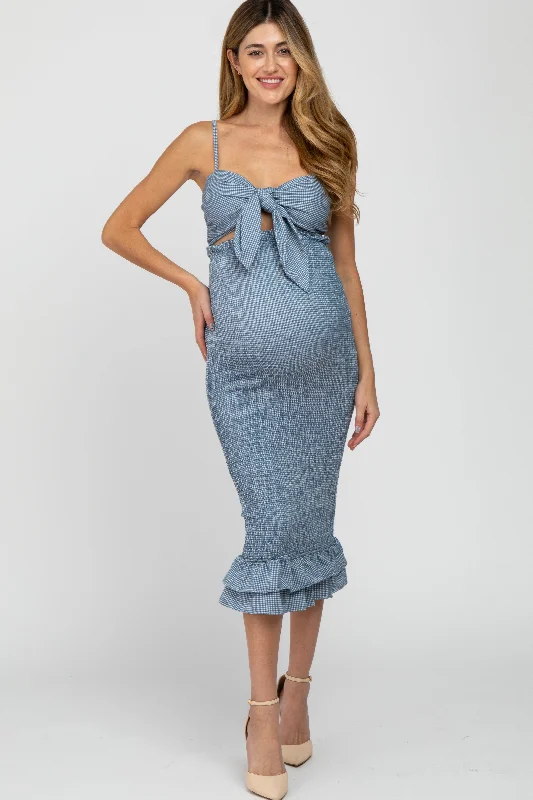 Maternity dress for a baby's first visit to the formal garden Blue Gingham Print Smocked Fitted Self-Tie Maternity Midi Dress Maternity dress for a baby's first visit to the formal garden Blue Gingham Print Smocked Fitted Self-Tie Maternity Midi Dress