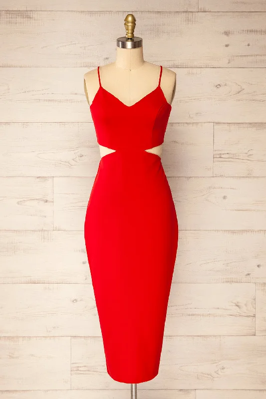 Midi dresses with side slits for a sexy and elegant appearance Komia Red | Fitted Midi Dress w/ Cut-Outs Midi dresses with side slits for a sexy and elegant appearance Komia Red | Fitted Midi Dress w/ Cut-Outs