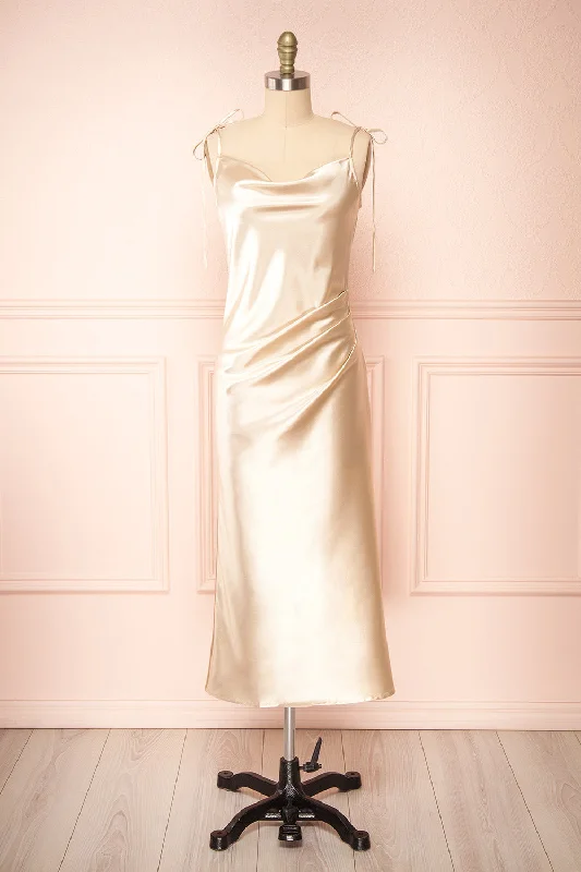Midi dresses with cotton - blend materials for everyday comfort Elyse Beige | Cowl Neck Midi Dress Midi dresses with cotton - blend materials for everyday comfort Elyse Beige | Cowl Neck Midi Dress